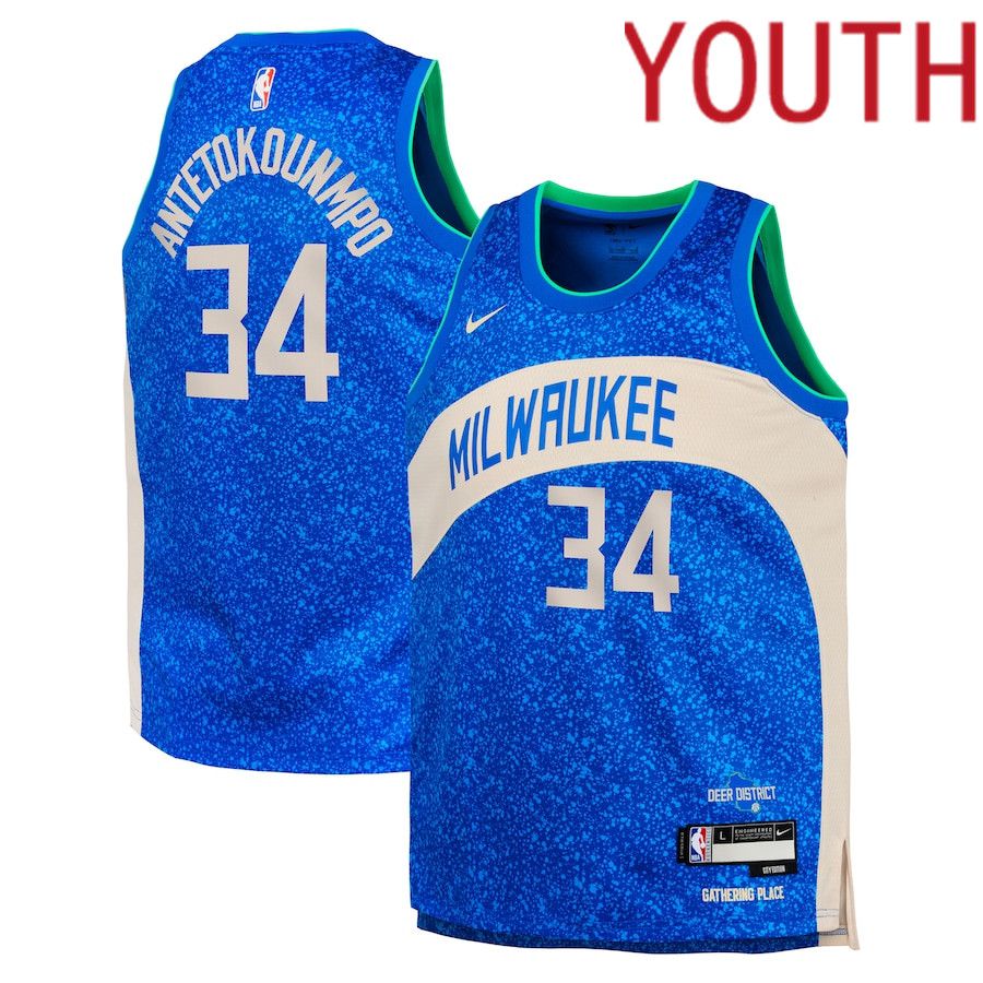 Youth Milwaukee Bucks #34 Giannis Antetokounmpo Nike Royal City Edition 2023-24 Swingman Replica NBA Jersey->->Youth Jersey